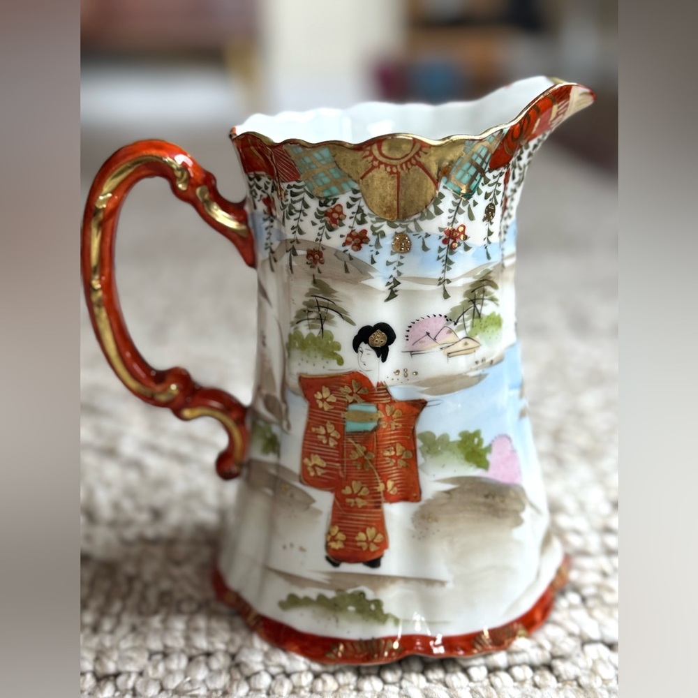 Vintage Asian-Inspired Ceramic Pitcher with Red Accents - Picture 3 of 6